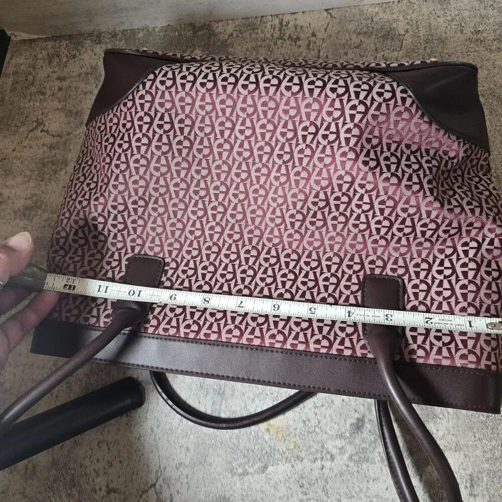 Etienne Aigner Burgundy Brown Logo Fabric Leather Handbag Purse W Wallet Makeup